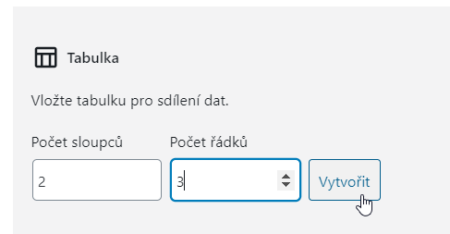 WordPress: definice počtu sloupců a řádků tabulky